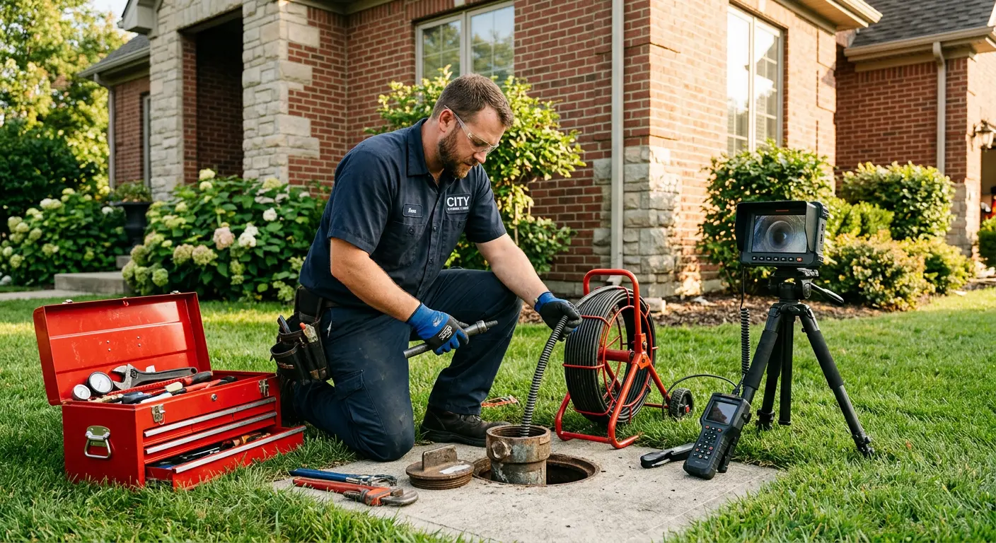 Sewer specialist with camera equipment servicing a cleanout in Summit