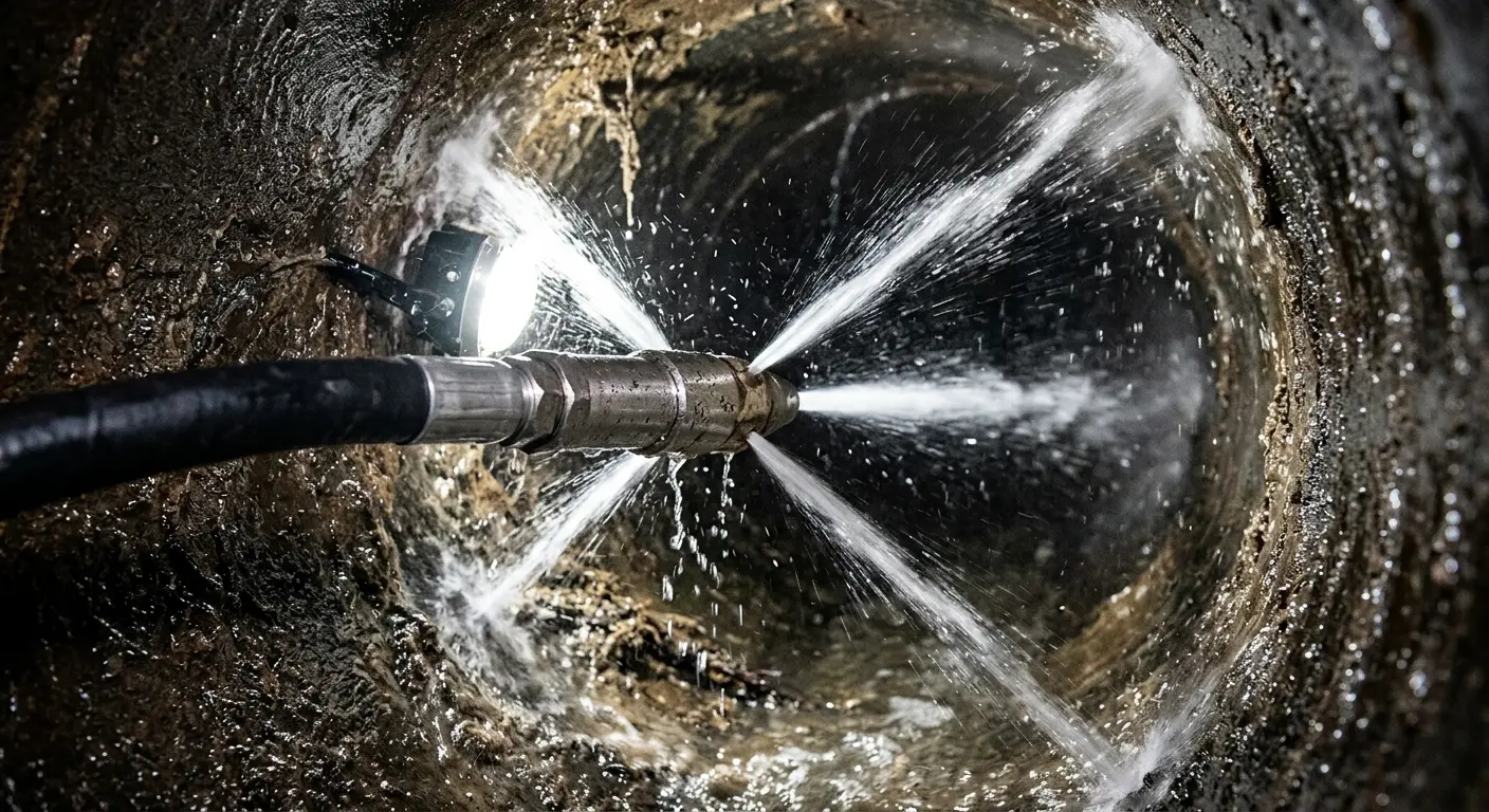 High-pressure hydro jetting nozzle cleaning sewer pipe for Trenchless Sewer Repair in Summit