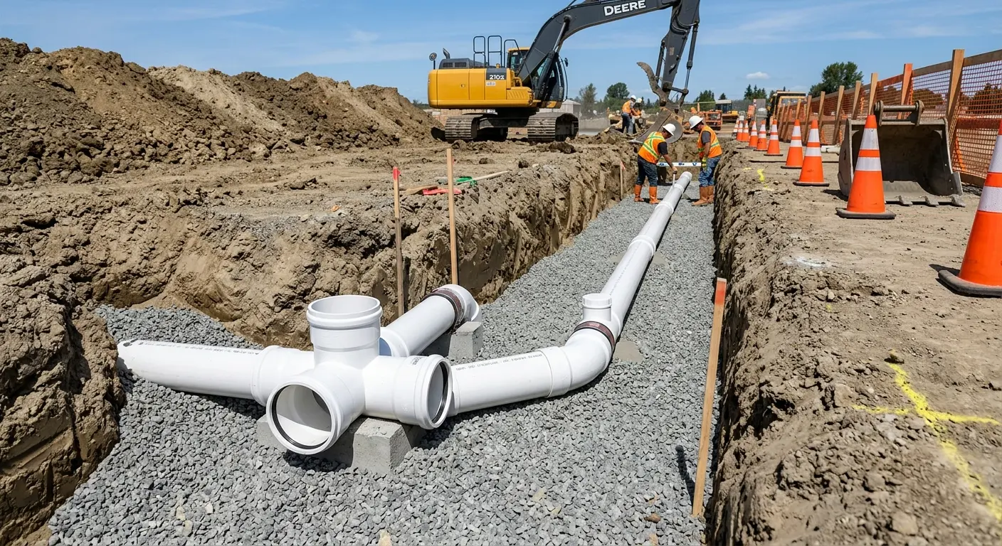 New PVC sewer pipe installation in open trench for Grease Trap Cleaning in Summit