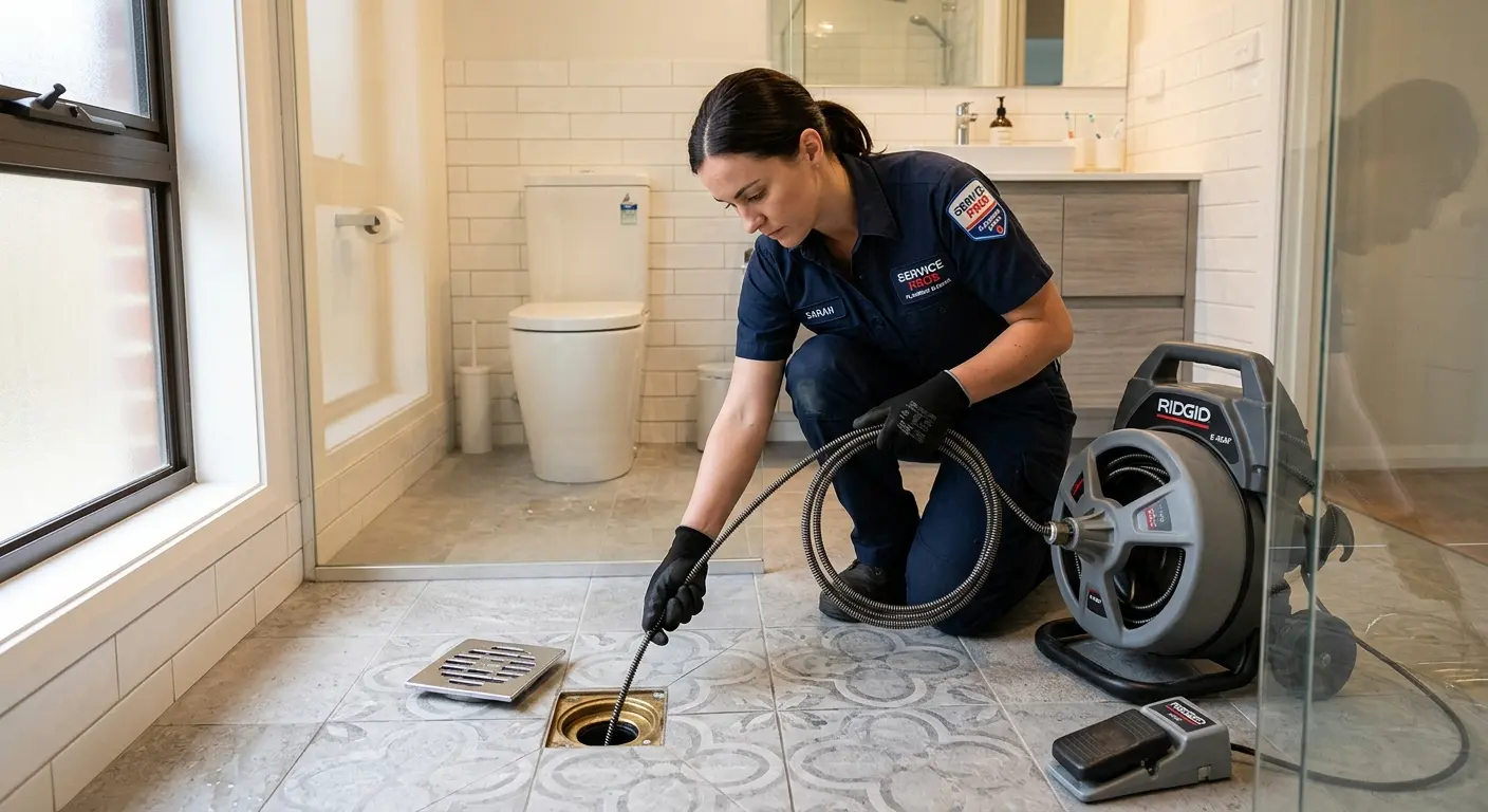 Technician clearing a bathroom floor drain for Hydro Jetting in Summit